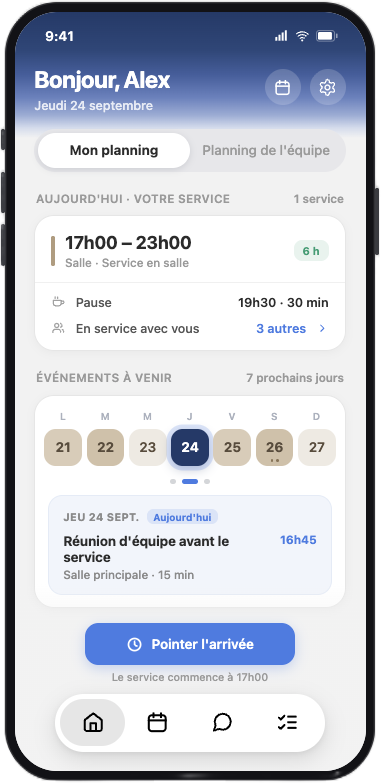 Application Timeaxe AI affichant le service du jour, les événements à venir et le pointage d'arrivée