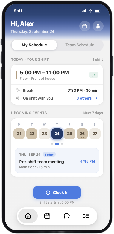 Timeaxe AI app showing today's shift, upcoming events, and a clock-in button